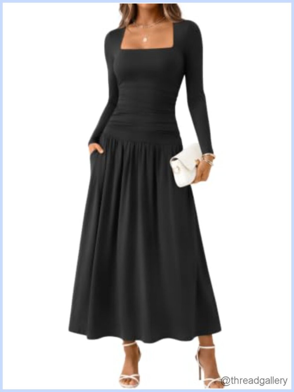 Womens Long Sleeve Maxi Dress Square Neck Pleated Pockets Wedding Guest Fall